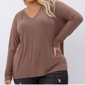 Brown V-Neck Long Sleeve Top